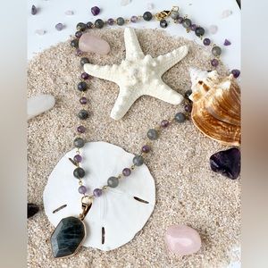 Genuine Amethyst & Labradorite Beaded Necklace with Labradorite Pendant